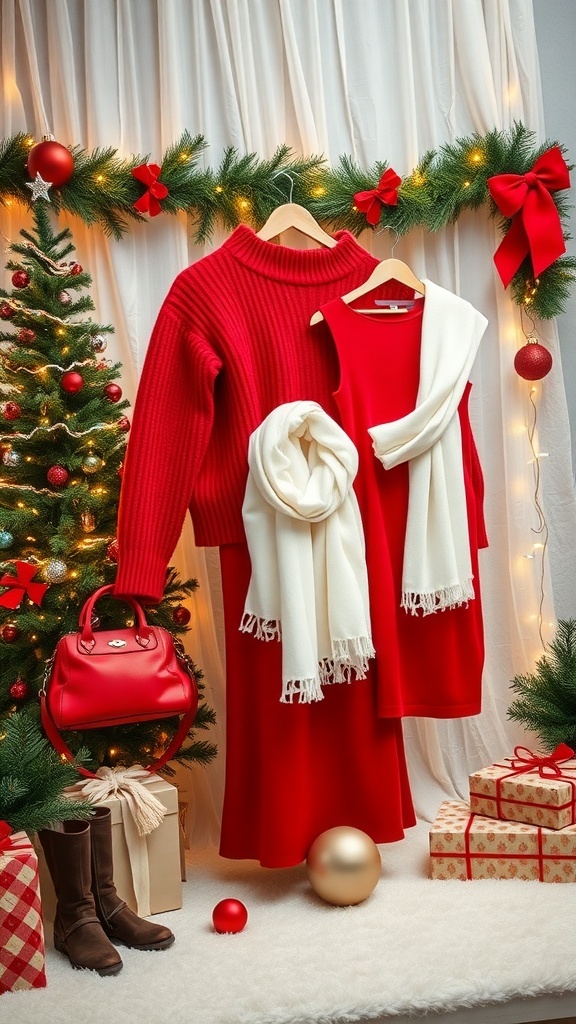 A collection of red and white Christmas outfits with festive accessories on a decorated background.
